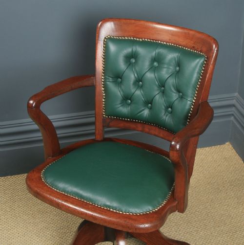 fig 4. Antique English Victorian Mahogany & Oak Green Leather Revolving Office Desk Arm Chair (Circa 1890)