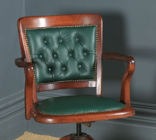 fig 5. Antique English Victorian Mahogany & Oak Green Leather Revolving Office Desk Arm Chair (Circa 1890)
