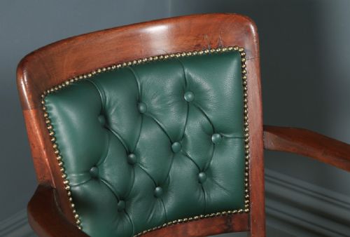 fig 6. Antique English Victorian Mahogany & Oak Green Leather Revolving Office Desk Arm Chair (Circa 1890)