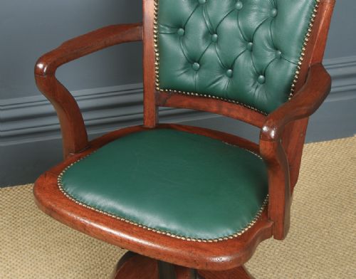 fig 7. Antique English Victorian Mahogany & Oak Green Leather Revolving Office Desk Arm Chair (Circa 1890)