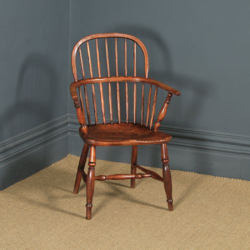 Antique English Single Victorian Ash & Elm Windsor Stick & Hoop Back Kitchen Dining Arm Chair (Circa 1840)