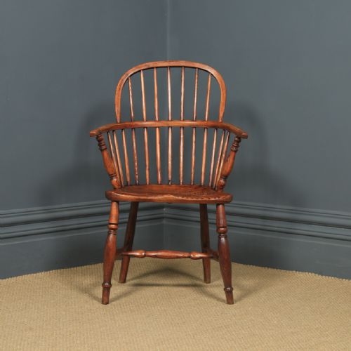 fig 1. Antique English Single Victorian Ash & Elm Windsor Stick & Hoop Back Kitchen Dining Arm Chair (Circa 1840)