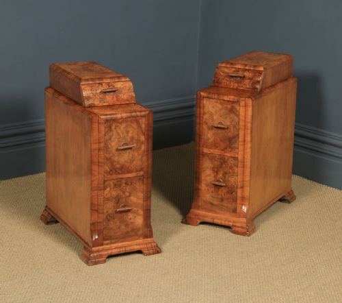 Antique English Pair of Art Deco Burr Walnut Bedside Chests (Circa 1930)