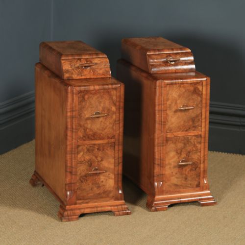 fig 1. Antique English Pair of Art Deco Burr Walnut Bedside Chests (Circa 1930)