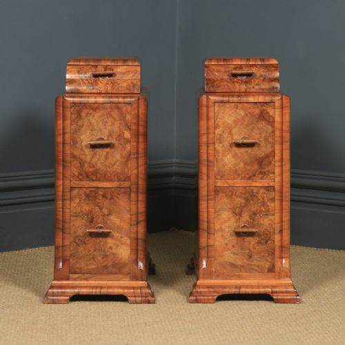 fig 2. Antique English Pair of Art Deco Burr Walnut Bedside Chests (Circa 1930)