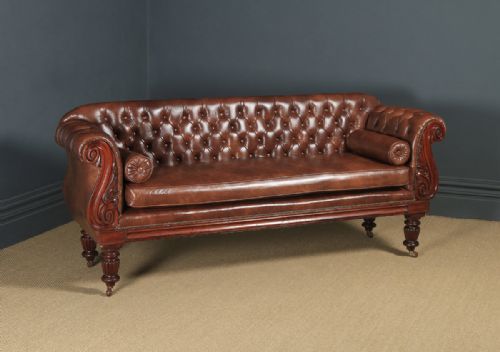 Antique English William IV Mahogany & Brown Leather Double Ended Couch / Settee / Sofa (Circa 1835)