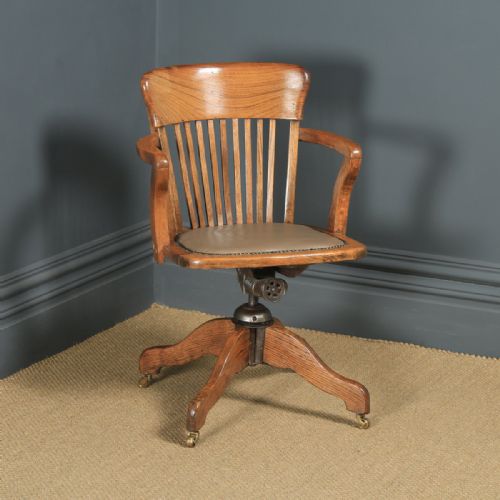 Antique English Edwardian Oak & Tan Brown Leather Revolving Office Desk Arm Chair (Circa 1910)