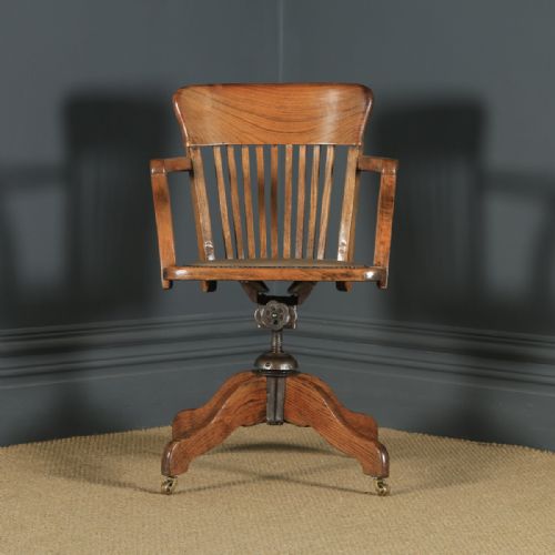 fig 1. Antique English Edwardian Oak & Tan Brown Leather Revolving Office Desk Arm Chair (Circa 1910)