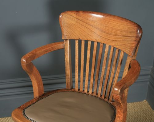fig 2. Antique English Edwardian Oak & Tan Brown Leather Revolving Office Desk Arm Chair (Circa 1910)