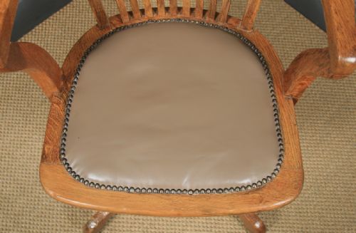 fig 3. Antique English Edwardian Oak & Tan Brown Leather Revolving Office Desk Arm Chair (Circa 1910)