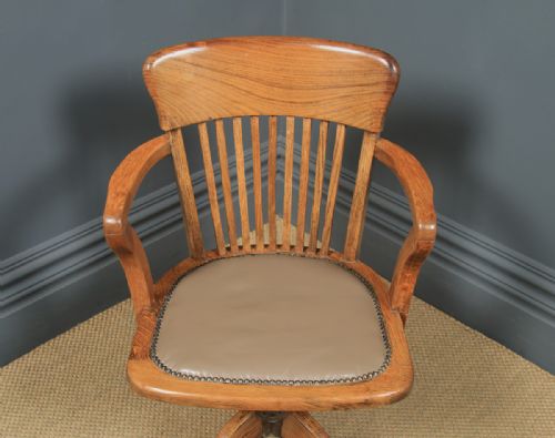 fig 4. Antique English Edwardian Oak & Tan Brown Leather Revolving Office Desk Arm Chair (Circa 1910)