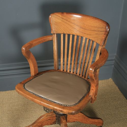 fig 6. Antique English Edwardian Oak & Tan Brown Leather Revolving Office Desk Arm Chair (Circa 1910)