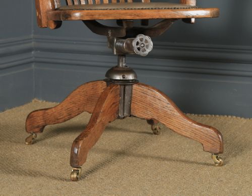 fig 7. Antique English Edwardian Oak & Tan Brown Leather Revolving Office Desk Arm Chair (Circa 1910)