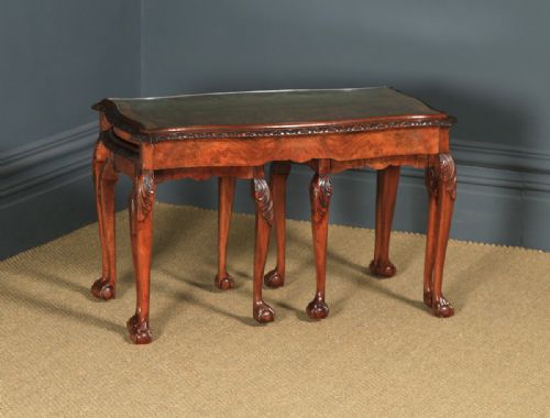 Antique English Queen Anne Style Nest of Three Carved Burr Walnut & Glass Coffee Tables (Circa 1920)