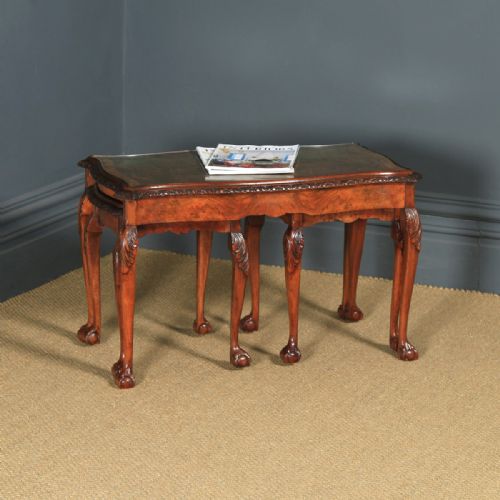 fig 1. Antique English Queen Anne Style Nest of Three Carved Burr Walnut & Glass Coffee Tables (Circa 1920)