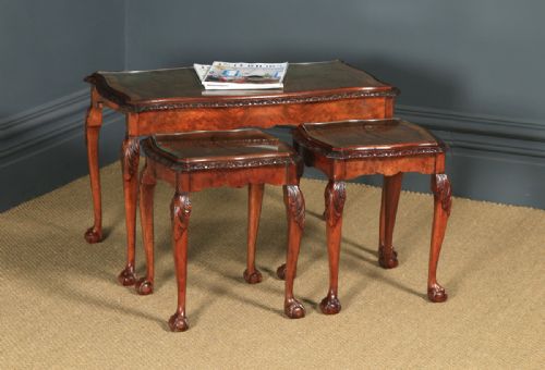 fig 2. Antique English Queen Anne Style Nest of Three Carved Burr Walnut & Glass Coffee Tables (Circa 1920)