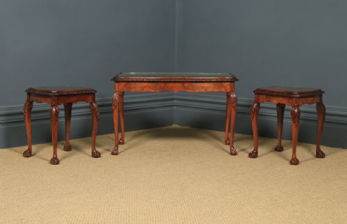 fig 3. Antique English Queen Anne Style Nest of Three Carved Burr Walnut & Glass Coffee Tables (Circa 1920)