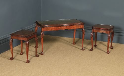 fig 4. Antique English Queen Anne Style Nest of Three Carved Burr Walnut & Glass Coffee Tables (Circa 1920)