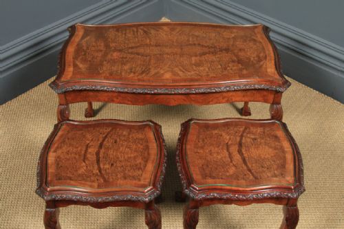 fig 5. Antique English Queen Anne Style Nest of Three Carved Burr Walnut & Glass Coffee Tables (Circa 1920)