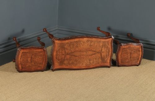fig 6. Antique English Queen Anne Style Nest of Three Carved Burr Walnut & Glass Coffee Tables (Circa 1920)