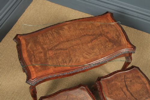 fig 7. Antique English Queen Anne Style Nest of Three Carved Burr Walnut & Glass Coffee Tables (Circa 1920)