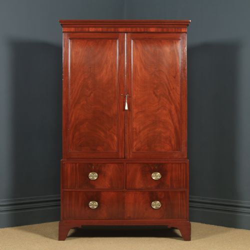 fig 1. Antique English Georgian Figured Mahogany Linen Press Chest Wardrobe (Circa 1800)