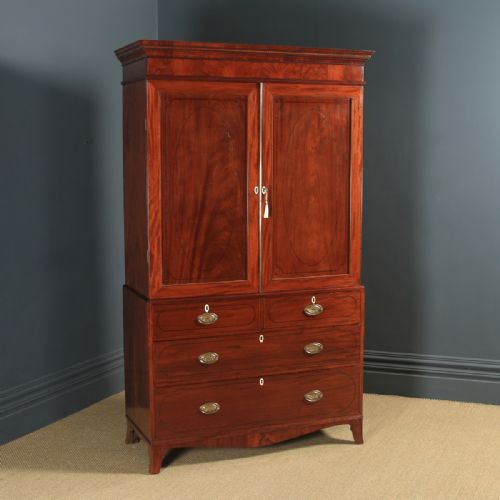 Antique English Georgian Regency Figured Mahogany Inlaid Linen Press Chest Wardrobe (Circa 1820)
