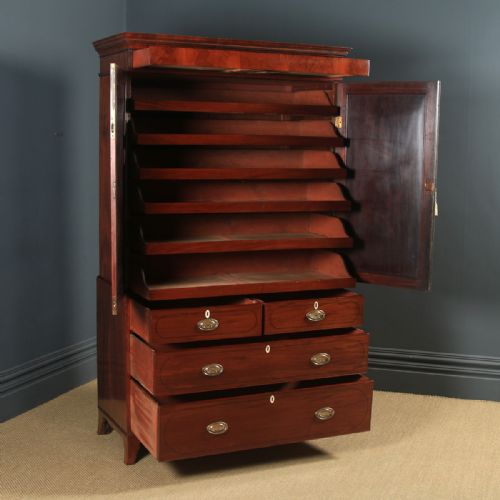 fig 6. Antique English Georgian Regency Figured Mahogany Inlaid Linen Press Chest Wardrobe (Circa 1820)