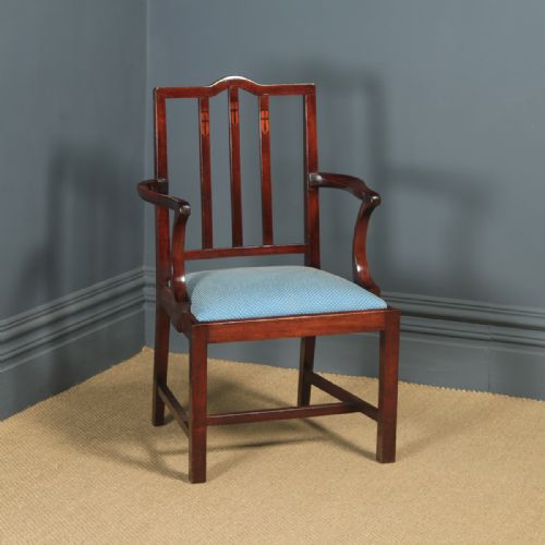 Antique English Victorian Arts & Crafts Mahogany Inlaid Open Office Desk / Dining / Occasional Arm Chair (Circa 1890)