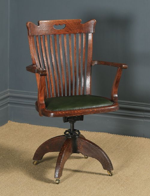 Antique English Edwardian Oak & Green Leather Revolving Office Desk Arm Chair (Circa 1910)