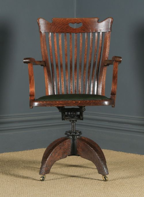fig 1. Antique English Edwardian Oak & Green Leather Revolving Office Desk Arm Chair (Circa 1910)