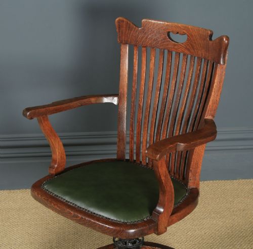 fig 2. Antique English Edwardian Oak & Green Leather Revolving Office Desk Arm Chair (Circa 1910)