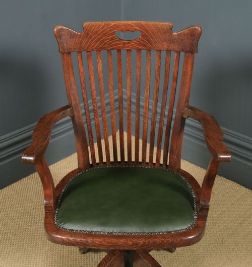 fig 3. Antique English Edwardian Oak & Green Leather Revolving Office Desk Arm Chair (Circa 1910)