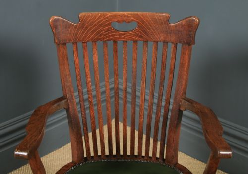 fig 5. Antique English Edwardian Oak & Green Leather Revolving Office Desk Arm Chair (Circa 1910)