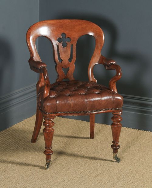 fig 6. Antique English Pair of Victorian Oak & Brown Leather Office Desk Library Club Armchairs / Chairs (Circa 1860)