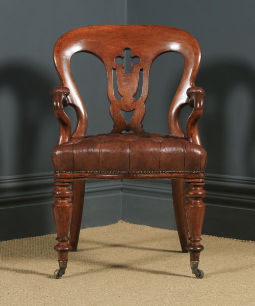 fig 7. Antique English Pair of Victorian Oak & Brown Leather Office Desk Library Club Armchairs / Chairs (Circa 1860)