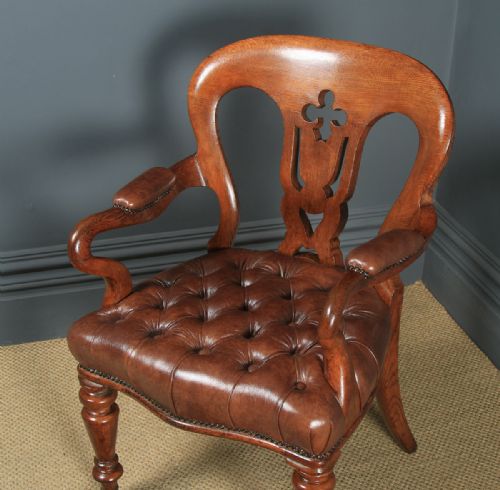 fig 8. Antique English Pair of Victorian Oak & Brown Leather Office Desk Library Club Armchairs / Chairs (Circa 1860)