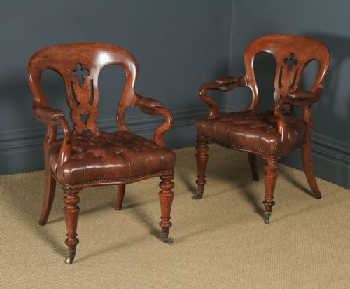 Antique English Pair of Victorian Oak & Brown Leather Office Desk Library Club Armchairs / Chairs (Circa 1860)
