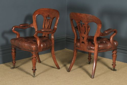 fig 1. Antique English Pair of Victorian Oak & Brown Leather Office Desk Library Club Armchairs / Chairs (Circa 1860)