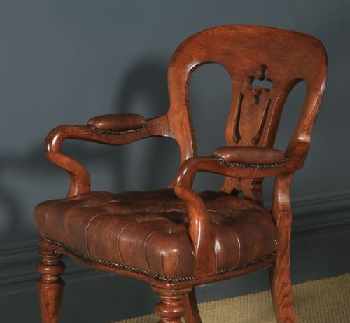 fig 2. Antique English Pair of Victorian Oak & Brown Leather Office Desk Library Club Armchairs / Chairs (Circa 1860)