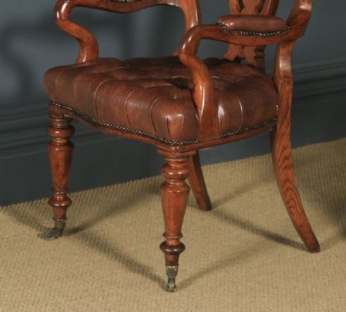 fig 3. Antique English Pair of Victorian Oak & Brown Leather Office Desk Library Club Armchairs / Chairs (Circa 1860)