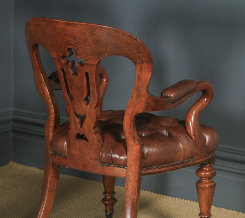 fig 4. Antique English Pair of Victorian Oak & Brown Leather Office Desk Library Club Armchairs / Chairs (Circa 1860)