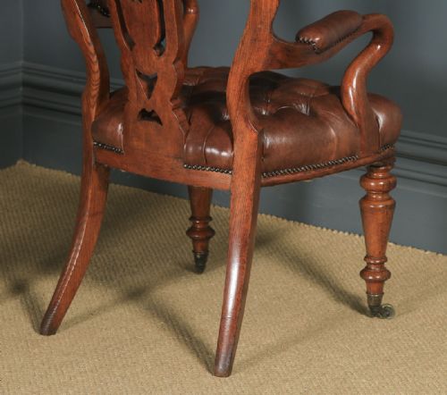 fig 5. Antique English Pair of Victorian Oak & Brown Leather Office Desk Library Club Armchairs / Chairs (Circa 1860)