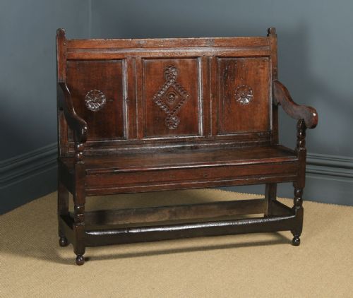 Small Antique English Georgian Carved Oak High Back Hall Bench Settle (Circa 1750)