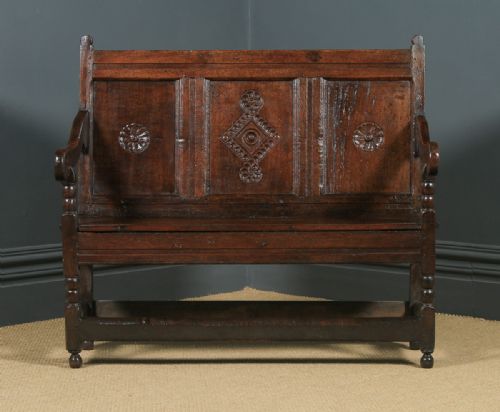 fig 1. Small Antique English Georgian Carved Oak High Back Hall Bench Settle (Circa 1750)