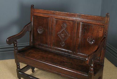 fig 2. Small Antique English Georgian Carved Oak High Back Hall Bench Settle (Circa 1750)