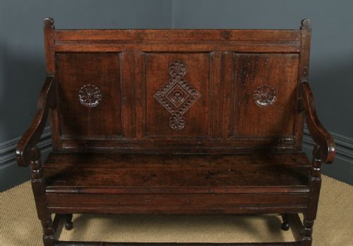 fig 3. Small Antique English Georgian Carved Oak High Back Hall Bench Settle (Circa 1750)