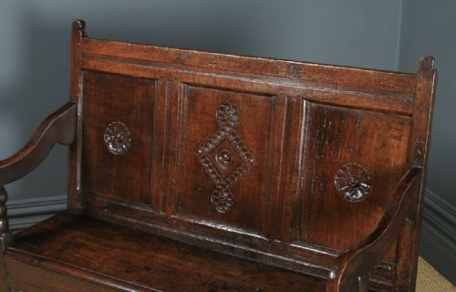 fig 4. Small Antique English Georgian Carved Oak High Back Hall Bench Settle (Circa 1750)