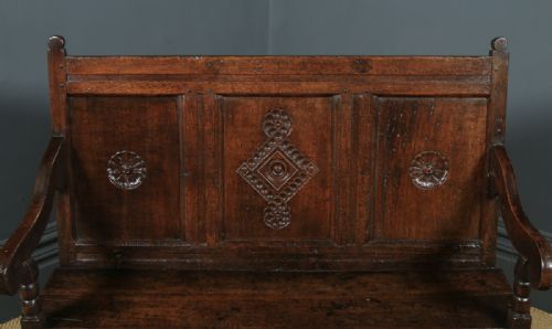 fig 5. Small Antique English Georgian Carved Oak High Back Hall Bench Settle (Circa 1750)