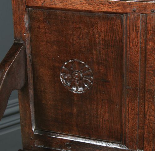 fig 6. Small Antique English Georgian Carved Oak High Back Hall Bench Settle (Circa 1750)